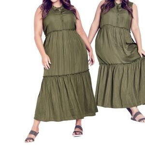 ARNA York Size 14/16 (0X) Sleeveless Silky Deep Olive Tiered Maxi Dress (R24.10)